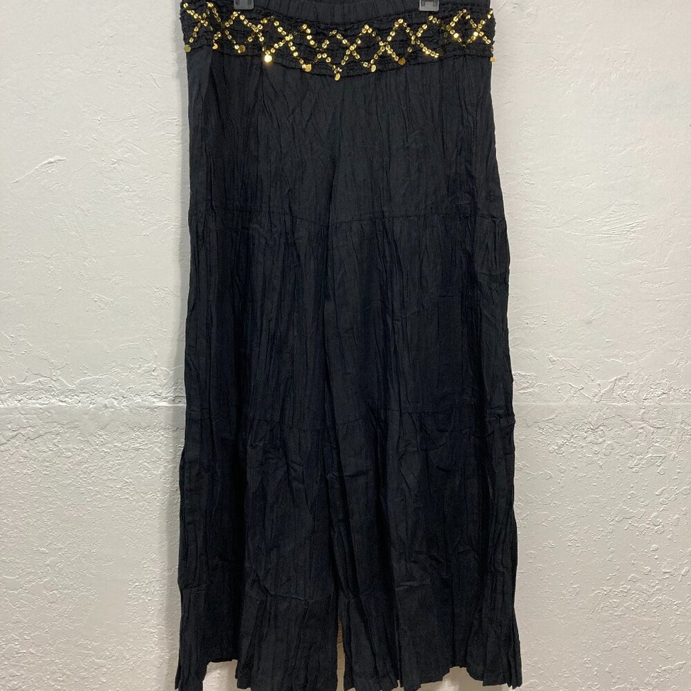 New Metro Style Wide Leg Boho Pants Hippie Grunge Sequins Black Gypsy Slouchy L
